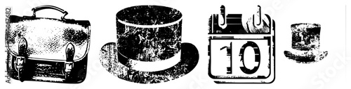 Classic satchel bag, top hat, calendar with date 10, small top hat retro office or formal event symbols, halftone vector.
