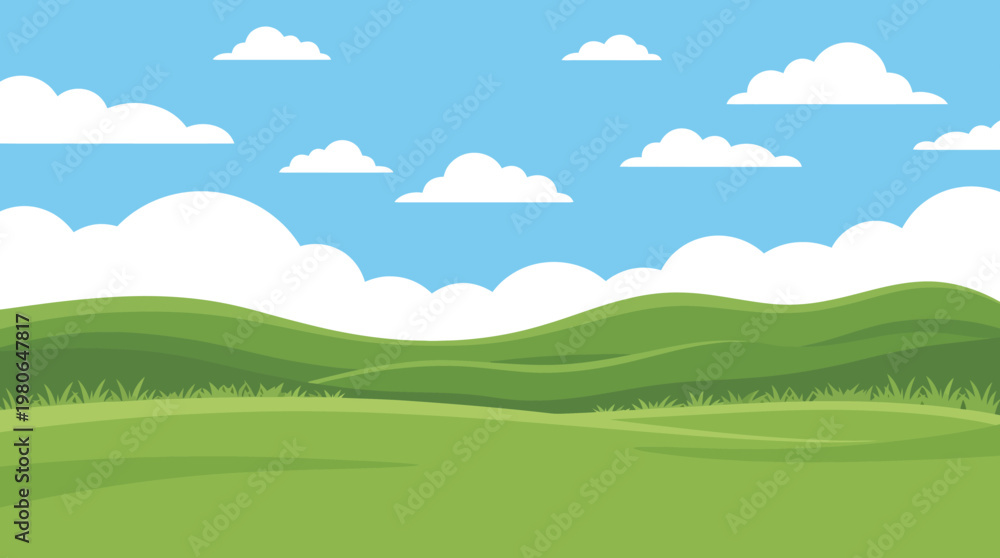 Fototapeta premium Rolling green hills under a bright blue sky with fluffy white clouds
