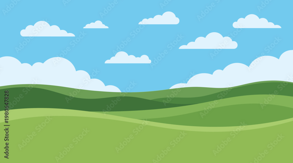 Obraz premium Stylized green rolling hills and white clouds in a simple flat design landscape