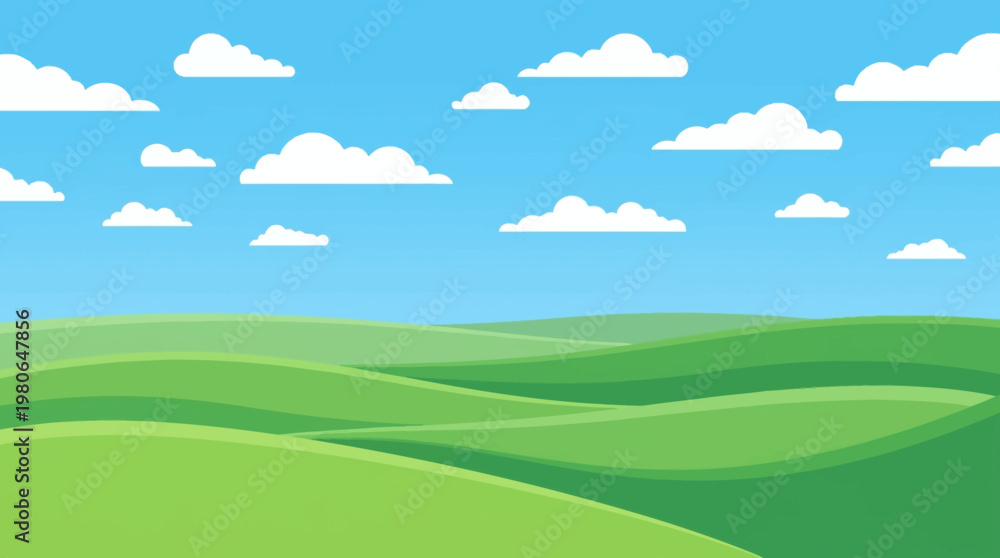Obraz premium Bright blue sky with many fluffy white clouds over abstract green rolling hills