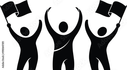 Three silhouetted figures raising black flags in triumphant gesture black silhouettes raised flags