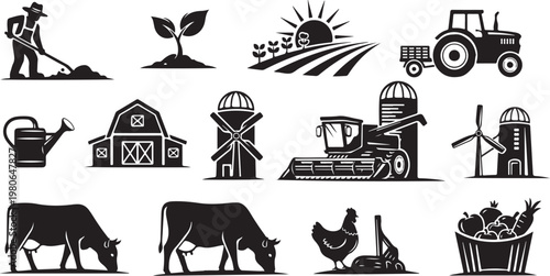 Agricultural icons and farm equipment in black and white