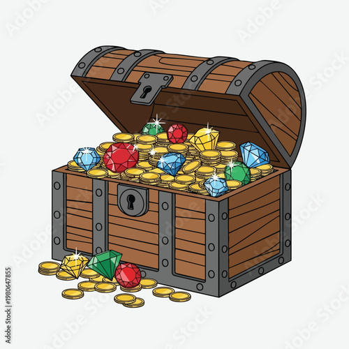 Vintage Treasure Chest Filled with Gold Coins and Colorful Gems