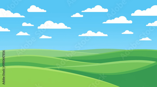 Bright blue sky with many fluffy white clouds over abstract green rolling hills