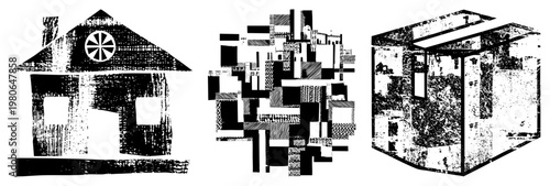 Bold black and white architectural silhouettes with halftone textures, stylized building forms, urban abstract composition, graphic design elements, geometric abstraction.