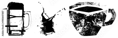 Stylized vector of beer mug with foam, dynamic liquid splash, and textured coffee cup, all isolated in, flat design, ideal for branding or UI.