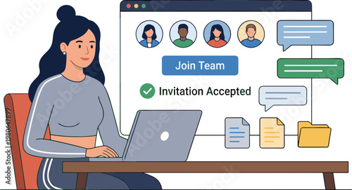 A woman accepts a team invitation on her laptop at a desk.