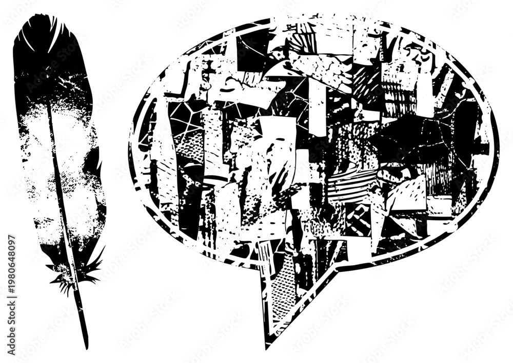 Fototapeta premium Graphic design featuring feather and fragmented speech bubble, halftone texture, black and white vector art, or comic use, isolated foreground elements.