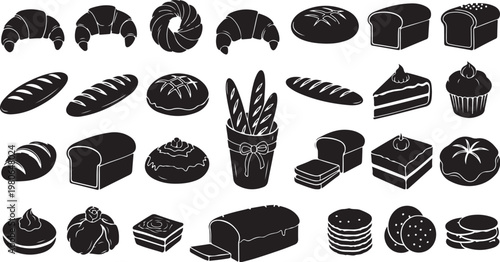Variety of baked goods and desserts in black icons