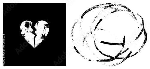 Broken heart symbol with grunge texture, emotional, love loss concept, distressed vector graphic, abstract swirl design, hand drawn style, isolated foreground.