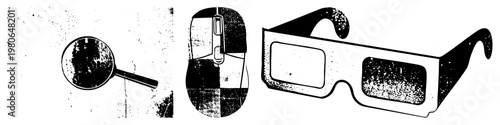 Classic magnifying glass, retro computer mouse, anaglyph 3D glasses, isolated vector, tech and vision tools, flat graphic symbols.