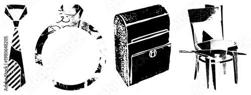 Classic office accessories rendered in gritty vector style necktie, wedding band, leather satchel, wooden chair ideal for retro branding or corporate.