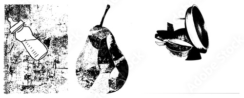 Stylized halftone illustrations baby bottle with nipple, pear with stem, vintage bell with clapper. Minimalist black and white vector with textured dot. Ideal for print or digital UI.