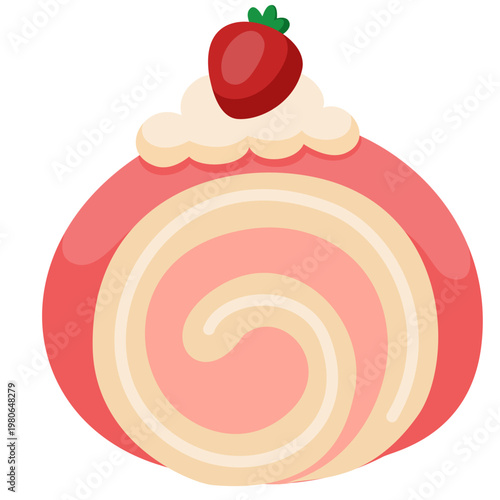 Strawberry Swiss Roll Cake Flat Vector Illustration