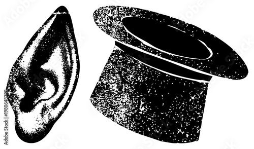 Black and white halftone illustration of human ear and magician’s top hat, retro graphic design, isolated vector art, classic print aesthetic.