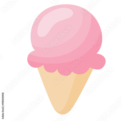 Strawberry Ice Cream Cone Flat Vector Illustration