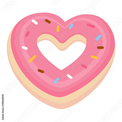 Heart Shaped Pink Donut with Sprinkles Flat Vector Illustration