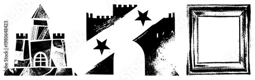 Abstract silhouette with turrets and door, paired with star motifs and decorative frame, rendered in halftone texture, ideal for graphic design or vintage illustration.