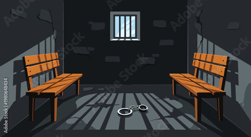 Dark interior of a prison cell showing wooden benches, a small barred window, and a pair of metal handcuffs on the floor.