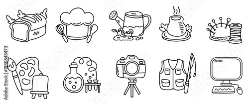 various creative hobby and daily activity icons hand drawn in doodle style