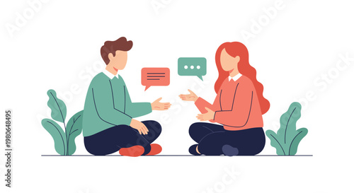 Man and woman sitting cross-legged on the ground and having a friendly conversation with speech bubbles in a peaceful outdoor setting.