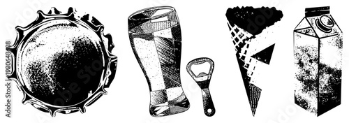 Classic beverage containers rendered in halftone vector style, including bottle cap, beer glass, opener, cone, carton retro drinking essentials with textured shading.