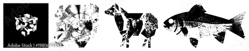 Stylized cow, fish, and abstract shapes rendered in black and white halftone, vector cutouts, modern graphic design, isolated foreground elements.