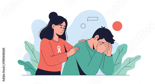 Caring young woman providing emotional support and comfort to a distressed man who is hiding his face in his hands in sadness.