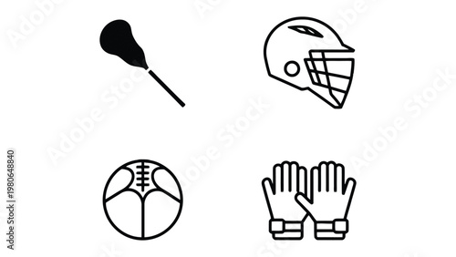 Lacrosse Game Essentials: A quartet of icons representing the essential equipment of lacrosse. The elements include stick, helmet, ball, and gloves.