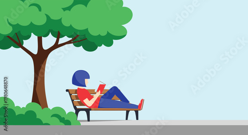 Young woman with blue hair lying comfortably on a wooden park bench while reading a red book under the shade of a large green tree.