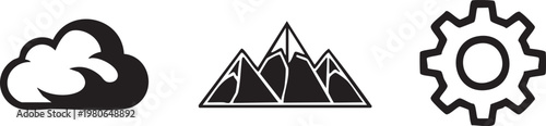 Black and white icon set, weather, mountains, gear symbols, simple line style graphics