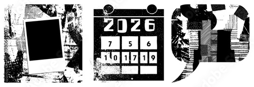 Retro instant camera frame with blank film, distressed calendar showing 2026 dates, fragmented speech bubble halftone graphic elements.