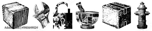 halftone vector wood block, wrench, padlock, mortar & pestle, box, hydrant. Industrial utility symbols with gritty texture.