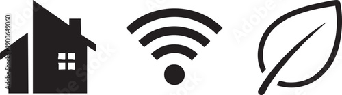 Eco friendly home icons, sustainable living symbols, wifi connectivity, house leaf logo