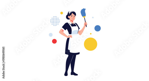Professional maid in a classic black and white uniform holding a blue feather duster while standing in a confident pose with her hand.