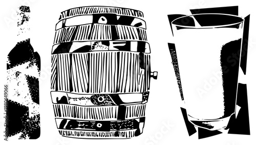 Hand drawn barrel, wine bottle, drinking glass, rustic beverage containers, black and white vector illustration, stylized vintage barware.