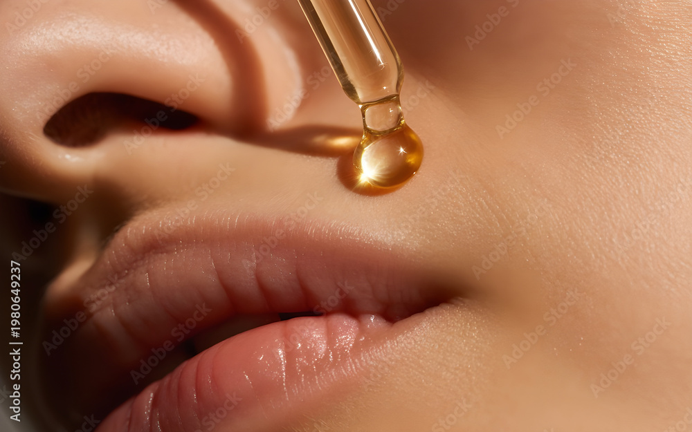 Fototapeta premium Radiant gold serum drop falling on skin, reflective gold tones, macro beauty shot, ultra realistic