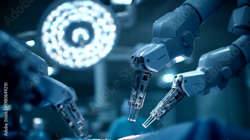 Robotic surgical arms performing a delicate operation in a modern operating room.