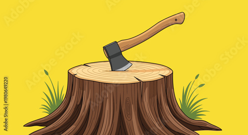 Sharp metal axe stuck in a large wooden tree stump against a bright yellow background, representing forestry or manual wood chopping work.