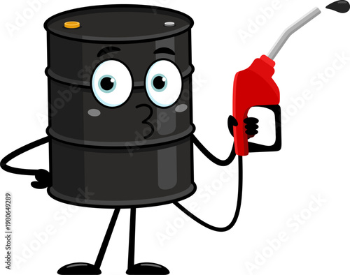 Funny Oil Barrel Cartoon Character Holding Fuel Nozzle and Refueling – Vector Illustration Flat Design Isolated On Transparent Background