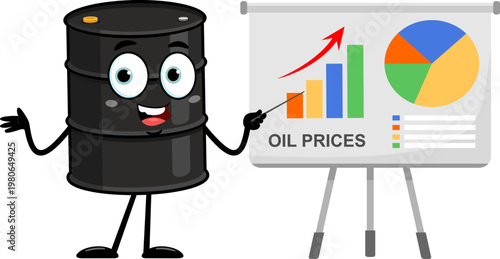 Oil Barrel Cartoon Character Presenting Rising Oil Prices Chart Growth – Vector Illustration Flat Design Isolated On Transparent Background