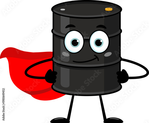 Smiling Oil Barrel Superhero Cartoon Character With Red Cape – Vector Illustration Flat Design Isolated On Transparent Background