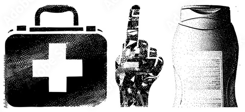 Medical first aid kit with symbol, hand pointing finger, surgical mask, halftone graphic, isolated vector, healthcare symbols, emergency preparedness.