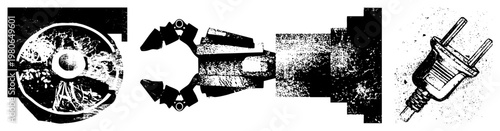 Vector illustrations of mechanical, electrical plug, and industrial hardware, rendered in halftone style, isolated elements for design use.