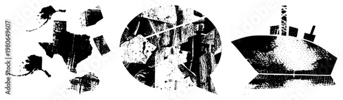 Stylized map fragments, broken geographic shapes, vector art with halftone texture, isolated graphic elements, black and white design, modern abstract composition.