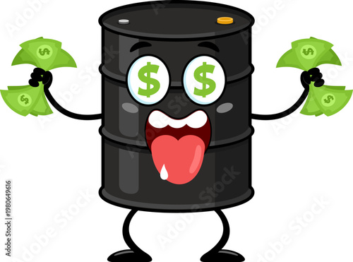 Greedy Oil Barrel Cartoon Character Holding Money With Dollar Eyes – Vector Illustration Flat Design Isolated On Transparent Background