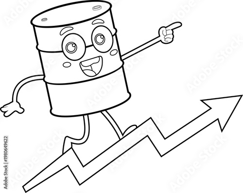 Black and White Oil Barrel Cartoon Character Showing Rising Price Arrow Up – Vector Hand Drawn Illustration Isolated On Transparent Background