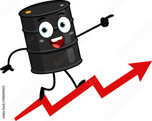 Oil Barrel Cartoon Character Showing Rising Price Arrow Up – Vector Illustration Flat Design Isolated On Transparent Background