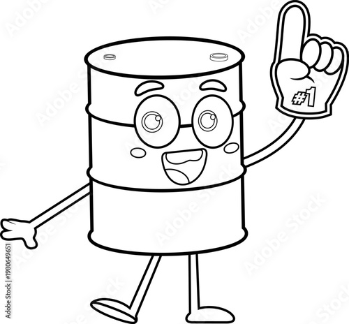 Black and White Oil Barrel Cartoon Character Holding Number One Foam Finger – Vector Hand Drawn Illustration Isolated On Transparent Background