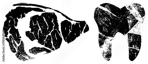 Black and white gritty steak cut and tooth, halftone distressed style, food and dental graphic, isolated vector art, meat and health symbols.